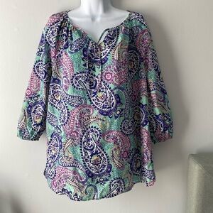 LIZ CLAIBORNE 3/4 SLEEVE TIE NECK PAISLEY MULTICOLOR BLOUSE 100% COTTON TOP L